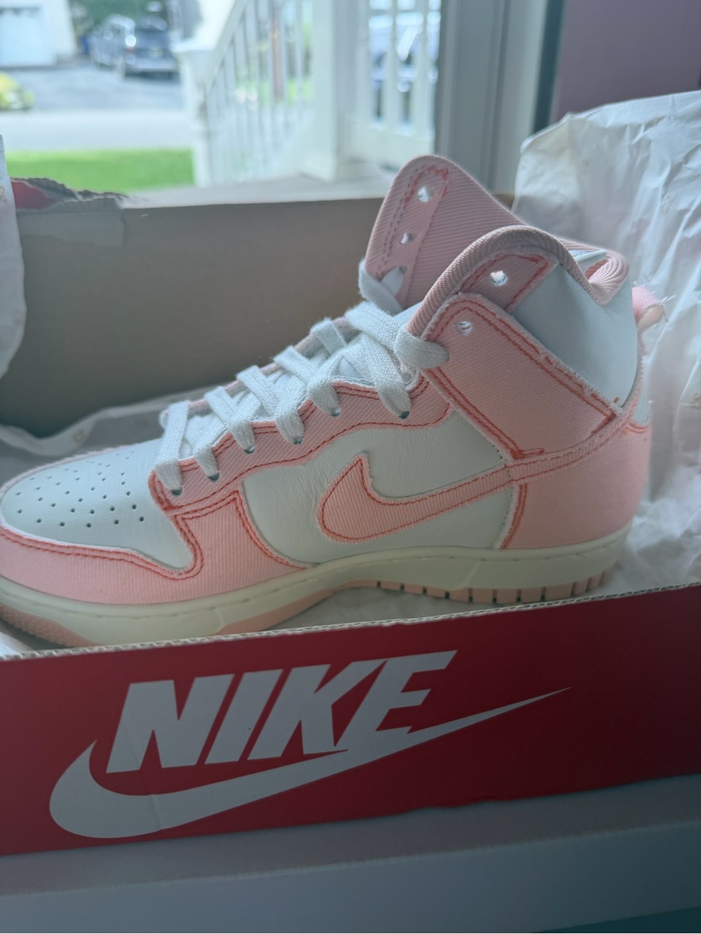 Nike Kids High-Top Sneakers in White and Light Pink denim